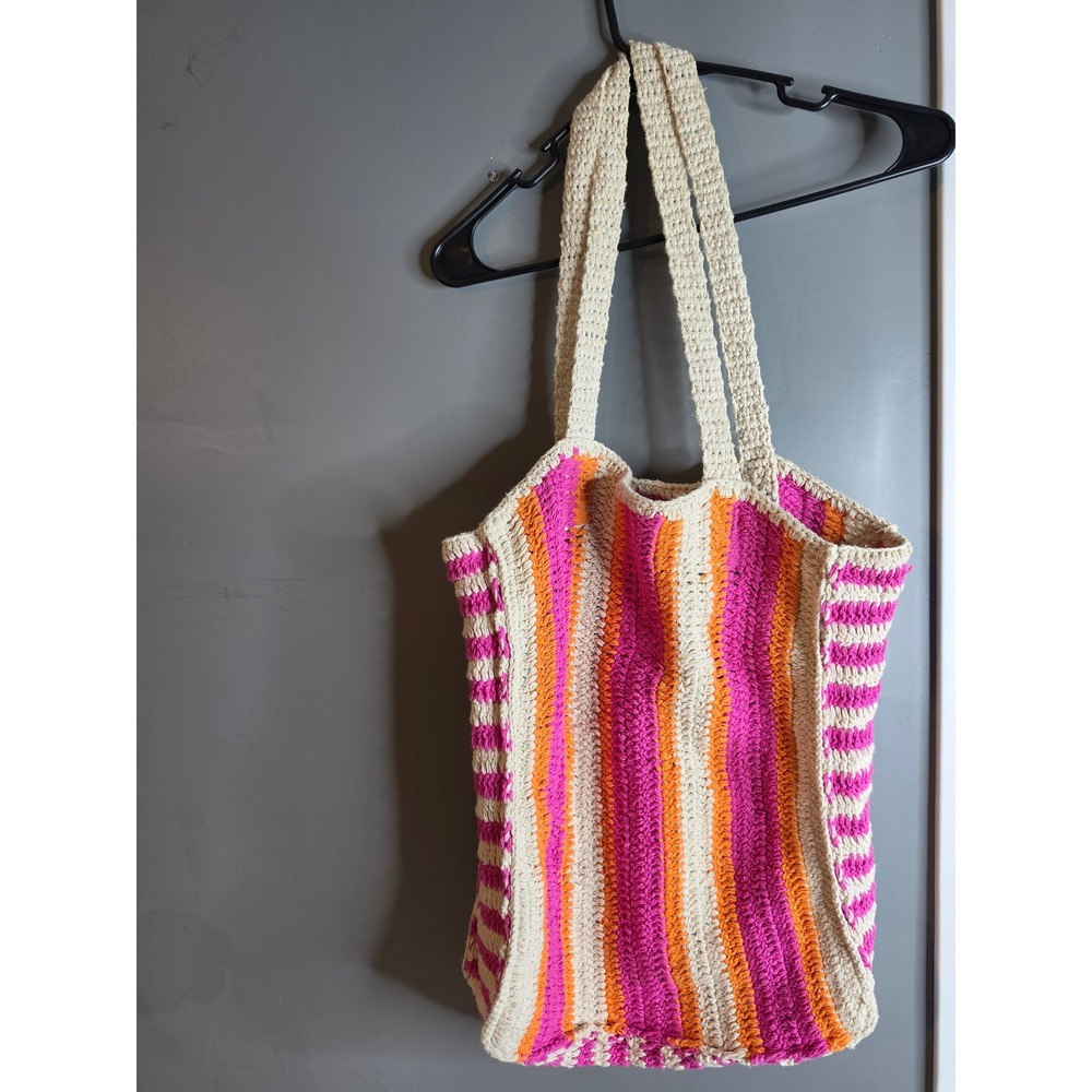 Vintage Boho Crochet Stripe Tote Bag Pink Orange Cream Shoulder Bag